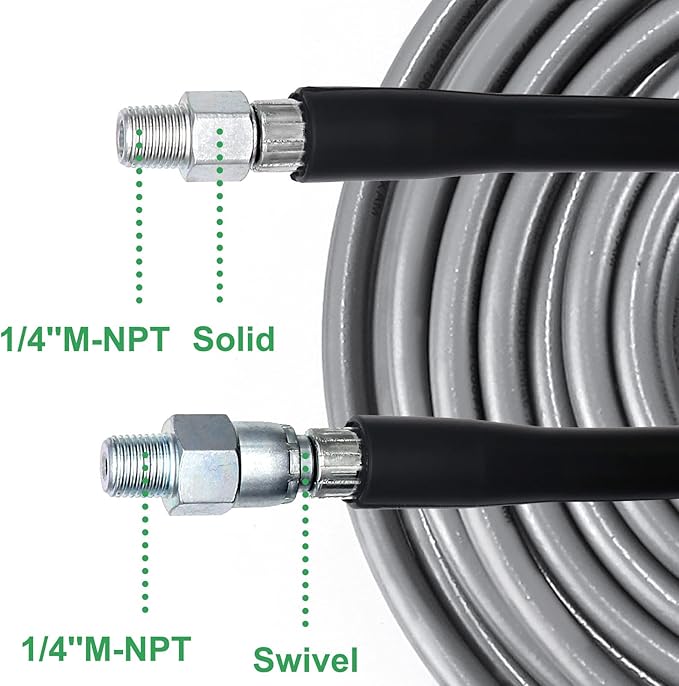 Sewer Jetter Kit 100FT for Pressure Washer, 5800PSI Drain Cleaner Hose 1/4 Inch NPT, Corner, Rotating & Button Nose Sewer Jetting Nozzle with Spanner Watertight Tape Pearl Corsage Pin (Gray Hose)