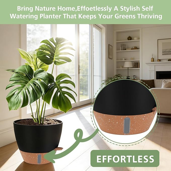 Self Watering Planters Set with Water Level Indicator, 12" 10" 9" 8" Large Plastic Flower Pots with Mesh Drainage Hole and Removable Saucer Reservoir for Indoor Outdoor Plants 4pcs （Black