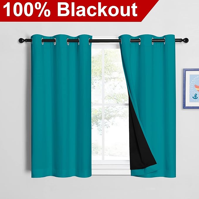 NICETOWN Peacock Teal 100% Blackout Curtains 45 inches Long, 2 Thick Layers