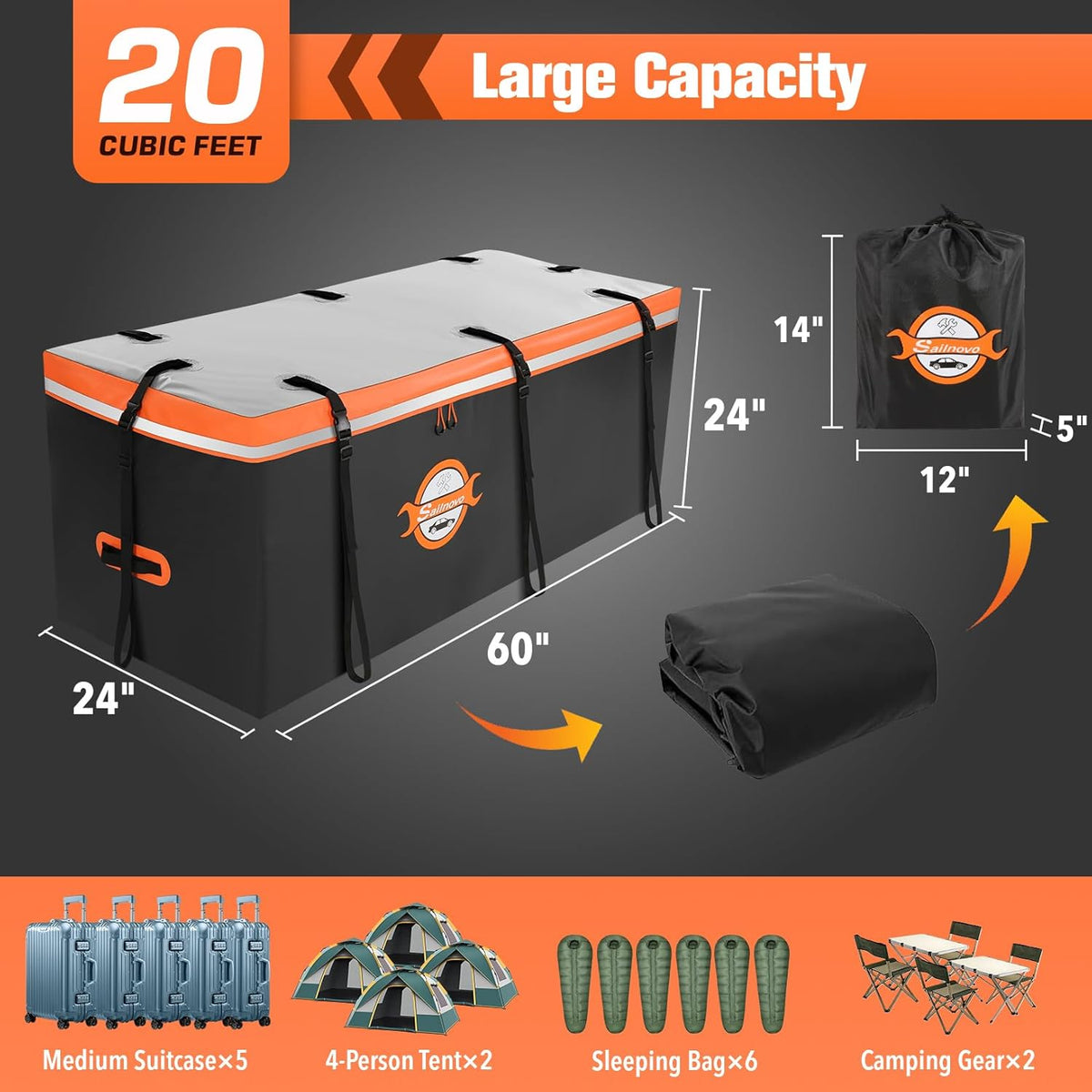 Sailnovo Waterproof Hitch Cargo Carrier Bag - 20 Cubic Feet Soft Shell Storage with 8 Straps & Lock