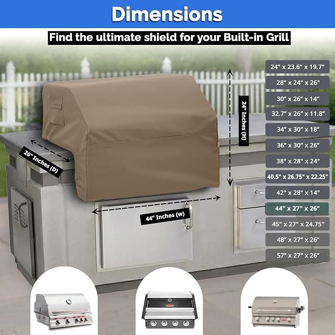 Covers & All Built-in Grill Cover for Outdoor Grill – Heavy Duty 12 oz Waterproof Built-in BBQ Grill Cover, PVC-Coated Polyester with Elastic Hem for Snug Fit (44 x 26 x 24 inches, Beige)