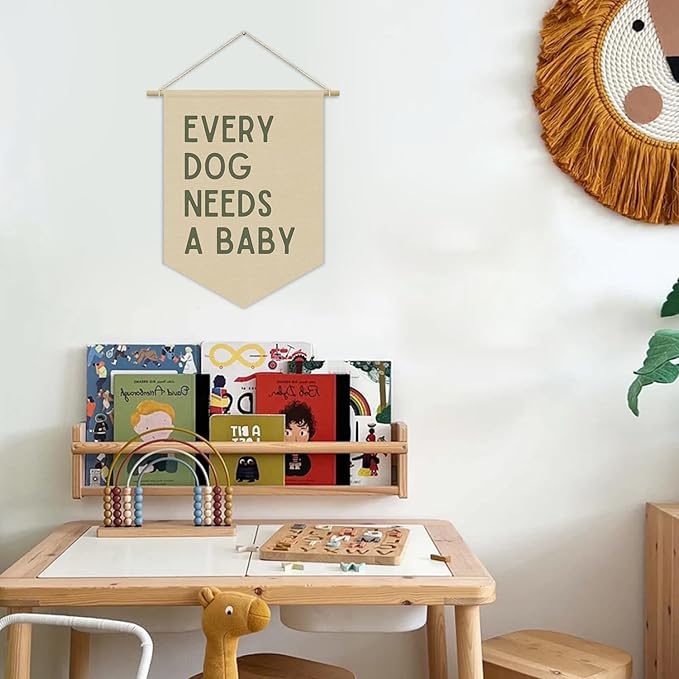 Every Dog Needs a Baby Linen Canvas Banner, Baby Shower Decor, Pregnancy Announcement Babe Gender Reveal Shower Wall Hanging Pennant Flag Banner for Newborn Room Bedroom Playroom, 15x11in