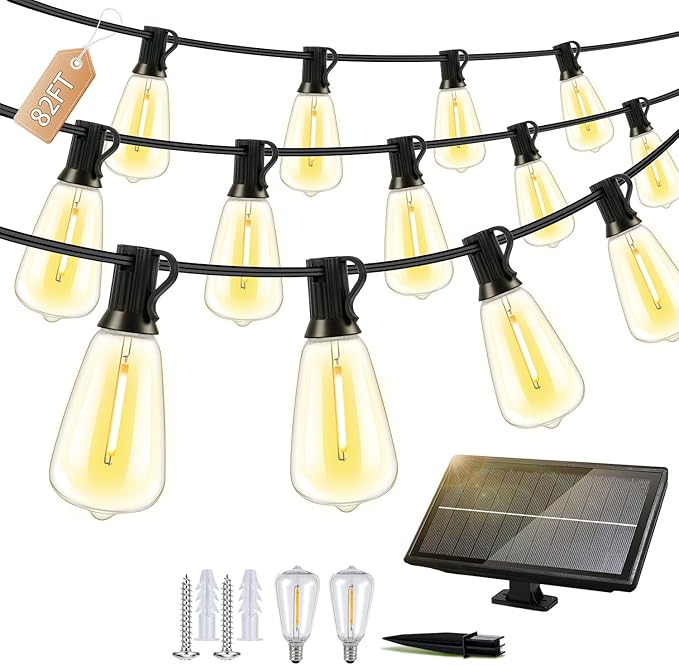 Outdoor Solar String Lights Waterproof: ST38 82ft Shatterproof Patio Lights - Solar Powered & USB Dual Charging - 3 Modes Button Control - Garden Backyard Gazebo Porch Party Decor