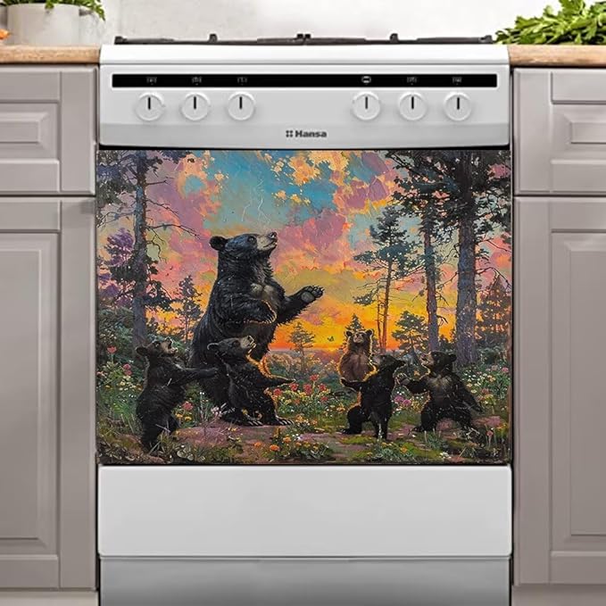 Dishwasher Magnet Cover, Forest Black Bear Family Magnetic Dishwasher Sticker for Kitchen Decoration 23x17in Fridge Panel Vinyl Decal Farmhouse Refrigerator Cover
