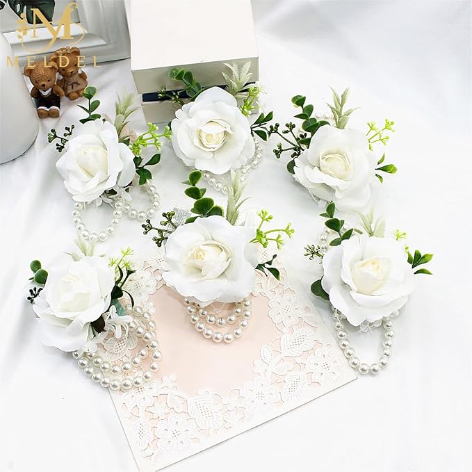 Meldel White Rose Wrist Corsage, Pack of 2 PCS Wedding Bridal Wrist Flower Corsage Hand Flower Artificial Silk Rose Decor for Prom Party Wedding