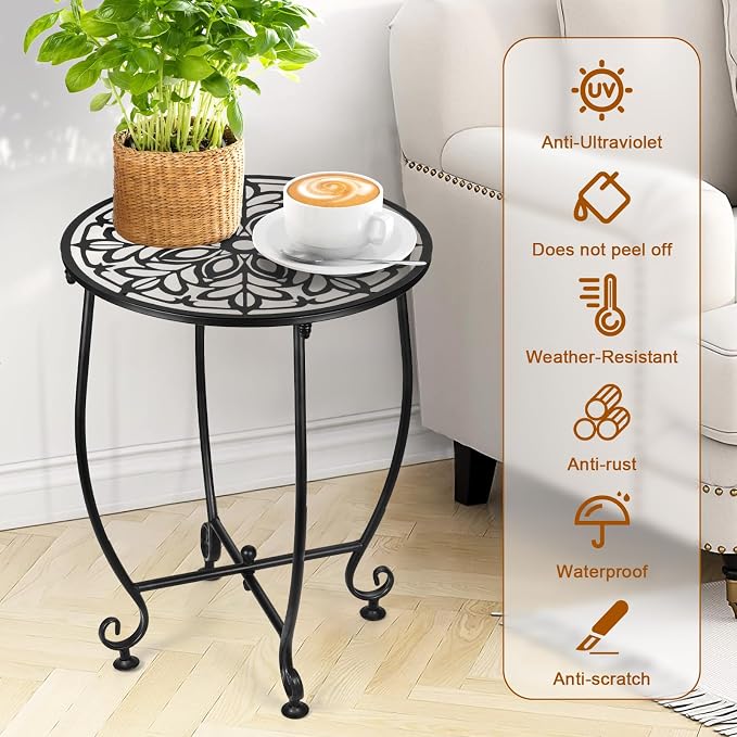 14 Inch Outdoor Metal Side Table, Patio Side Table Weather Resistant Metal Side Table, Small Round Outdoor End Table Plant Stands Table Outside for Patio Yard Balcony Garden Black (Color5-Leaf)