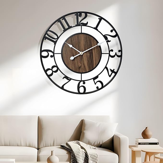 Large Metal Wall Clock, 20 Inch Retro Decorative Silent, Non Ticking, Battery