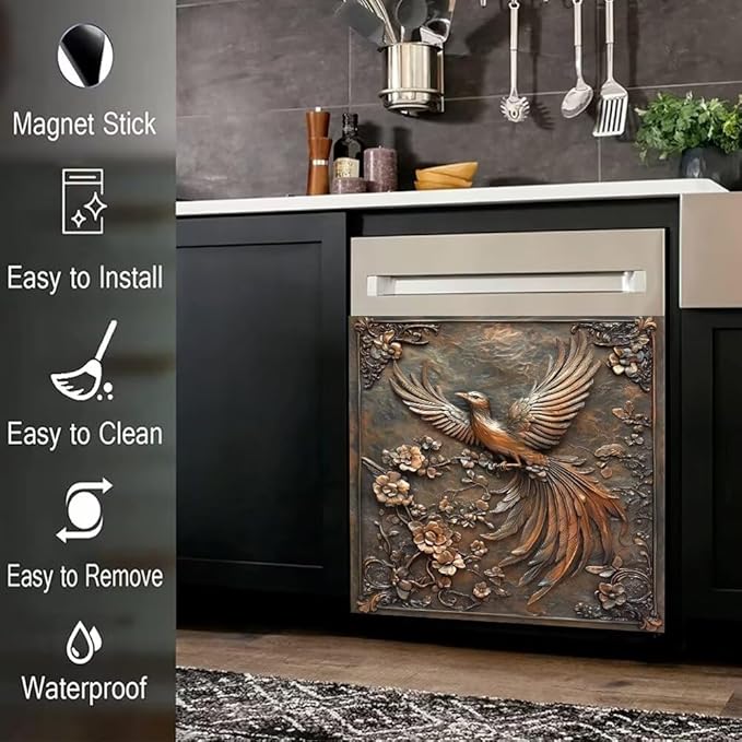 Metal Floral Bird Print Kitchen Decor Dishwasher Magnet Cover Decal, Magnetic Dish Washer Panel Door Vinyl Sticker, Refrigerator Magnets,Easy to Clean, 23 x 26 inch