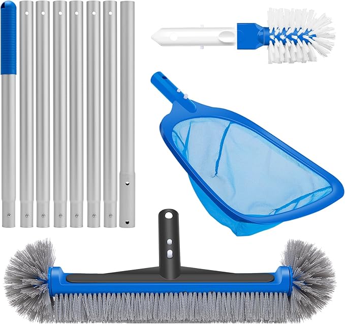 4-in-1 Deluxe Pool Cleaning kit, Pool Cleaning Tools with 10Ft Adjustable Pole, 13.4'' Fine Mesh Skimmer Net, 17.3'' Swimming Pool Brush & Extra Brush Head for Cleaning Inground & Above Ground Pools