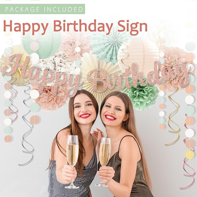 Sage-Green Blush-Pink Birthday Decorations for Women Girls, Cream Light Beige Happy Banner, Paper Lanterns Pom Poms, Olive Green Dusty Pink Balloons, Boho Fairy Anniversary Princess Party Décor