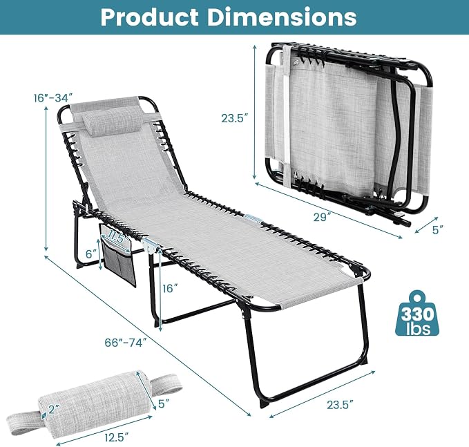 Goplus Chaise Lounge Chair Outdoor, Folding 5-Postion Beach Lounge Chair with Detachable Pillow, Side Pocket, Sunbathing Lounge Chair, Adjustable Tanning Chair for Patio Lawn Pool Yard