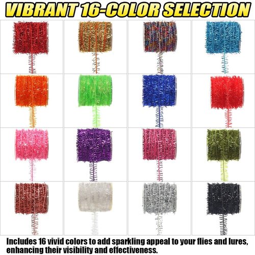 LURELINK-Crystal-Flash-Chenille-Fly-Tying-Materials-16-Colors-Sparkling-Chenille-for -Crappie -Jig Making Supplies & Fly Patterns (16-Colors)