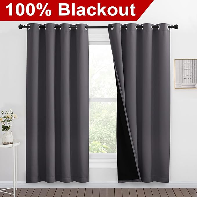 NICETOWN Grey Full Shade Curtain Panels, Pair of Energy Smart & Noise Blocking