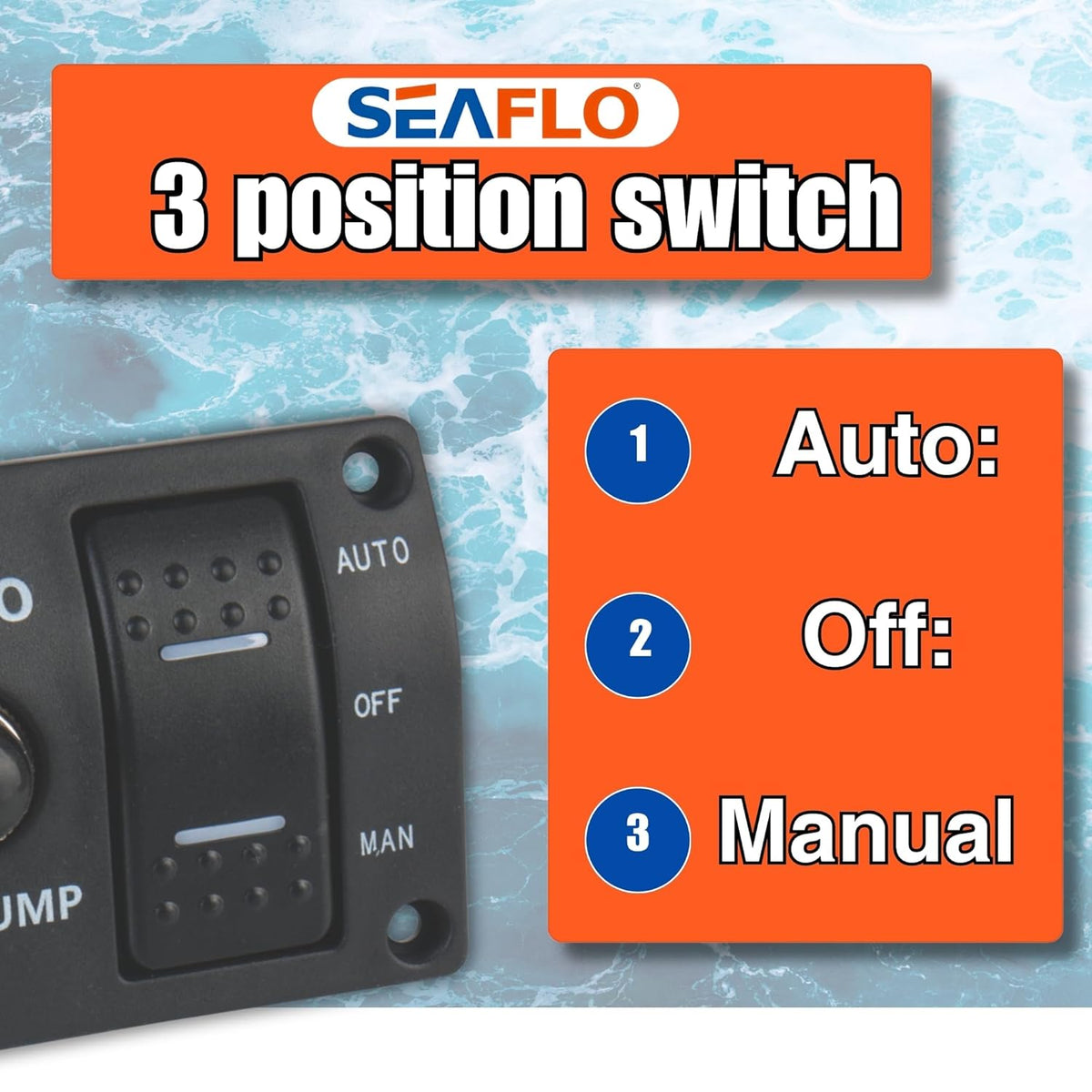 SEAFLO 3-Way Bilge Pump Switch Panel - Automatic, Off, Manual | 12V/24V with 15A Circuit Breaker