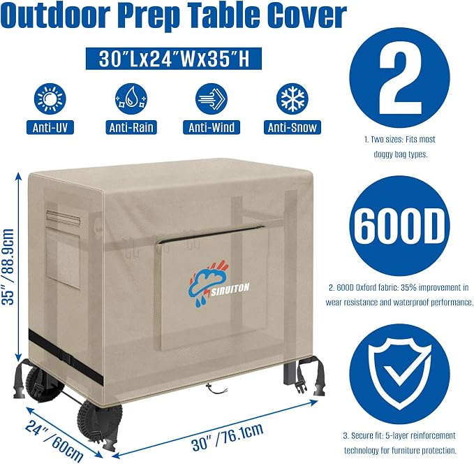 SIRUITON Outdoor Bar Cart Cover for 30 Inch Portable Outdoor Table, Heavy Duty 600D Oxford Fabric Outdoor Waterproof BBQ/Worktable Metal Movable Table Cover