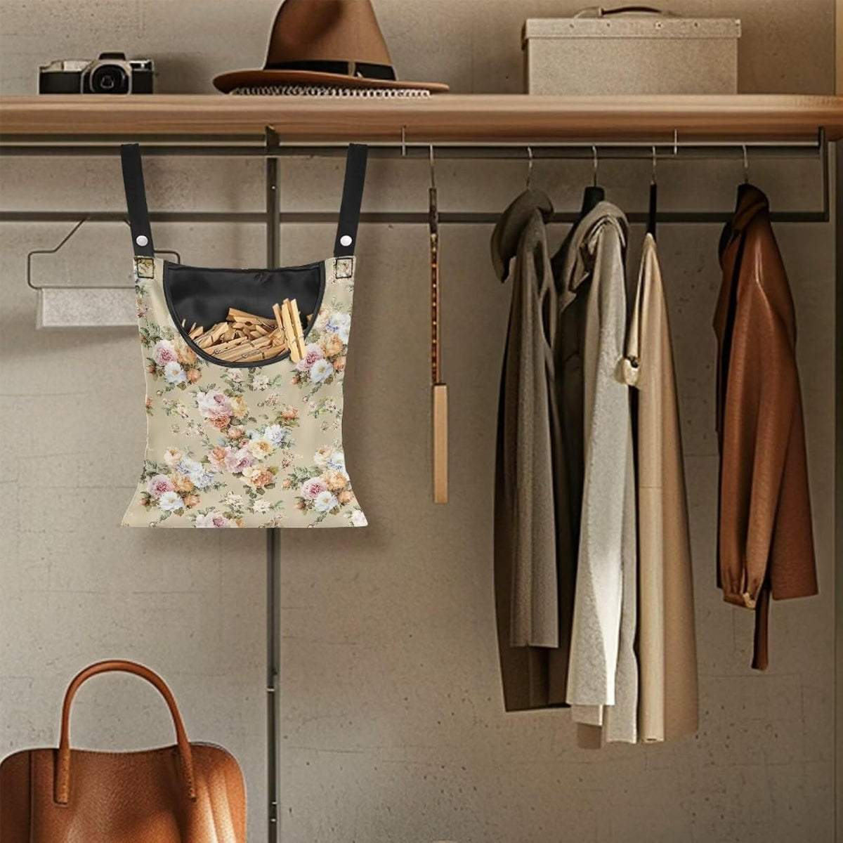 Clothespin Bag with Large Capacity for Mini Clothespins and Wooden Clothespins with Large Opening Storage Organizer Space-Saving Laundry Hanging Bag - Flower Pattern