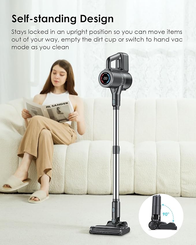 VersLife Cordless Vacuum Cleaner 500W/40KPA/40Mins, Lightweight Stick Vacuum with LED Display and Green Headlights, 6-Stages Filtration, Self-Standing Vacuum for Home Hard Floor Carpet, Silver