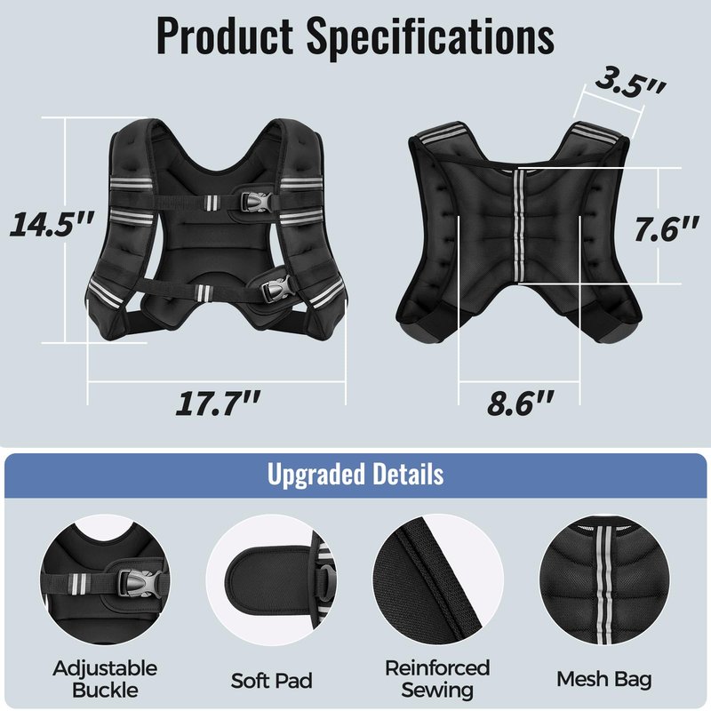 Zeerun Weighted Vest, 6lb/8lb/10lb/12lb/15lb/18lb/20lb/24lb/30lb for Men Women, Reflective Stripe Adjustable Buckle, Comfortable Durable Rucking Vest for Walking Running Strength Training, 15LBS-Black