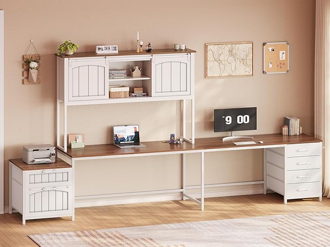 SEDETA Farmhouse L Shaped Office Desk with 6 Drawer, Reversible Computer Desk with Power Outlet, Hutch for Home Office/Two Person, Corner Desk with File Drawer & Printer Storage Shelves, White