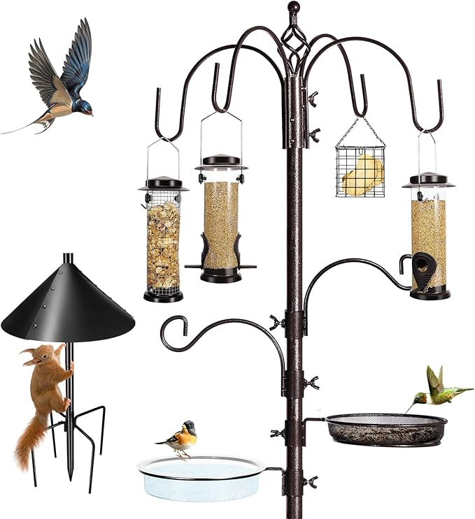 YINGYM 6-Hook Bird Feeding Station Kit Wild Bird Feeder Stand Pole, Multi-Feeder Hanging Kit Stand with Water Bowl, Mesh Tray and Squirrel Guard Baffle, 94 Inch