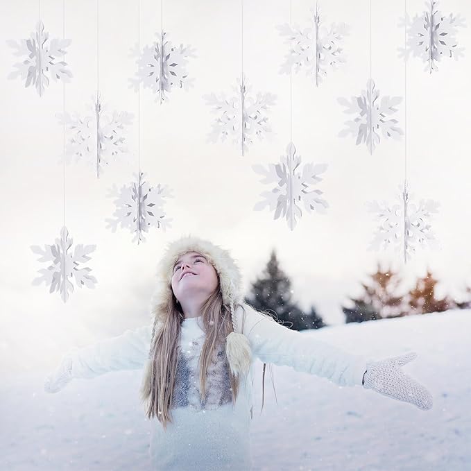 Snowflake Snow-White Christmas Party-Decorations Garland - 12Pcs 3D Winter Wonderland Frozen Hanging Streamers Banner,Baby Bridal Shower Birthday Wedding Classroom Decor Supplies Hugtmr