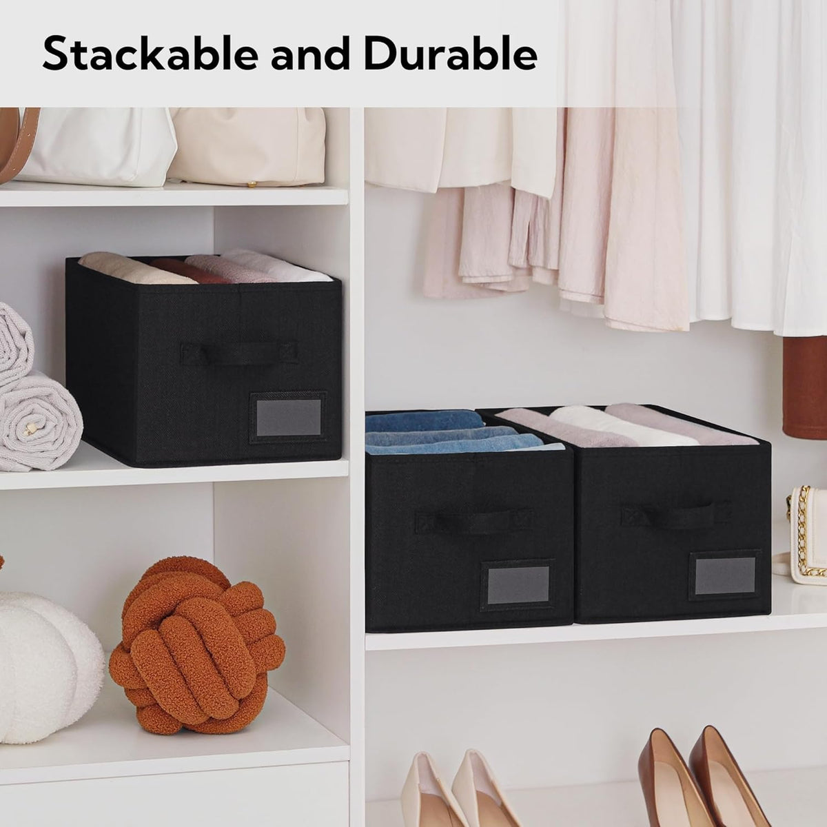 GRANNY SAYS Storage Bins, Storage Baskets for Shelves, Fabric Storage Bins for Clothes, Closet Organization Bin, Collapsible Storage Bin with Handles, Decorative Storage Box, Black, Large, 3-Pack