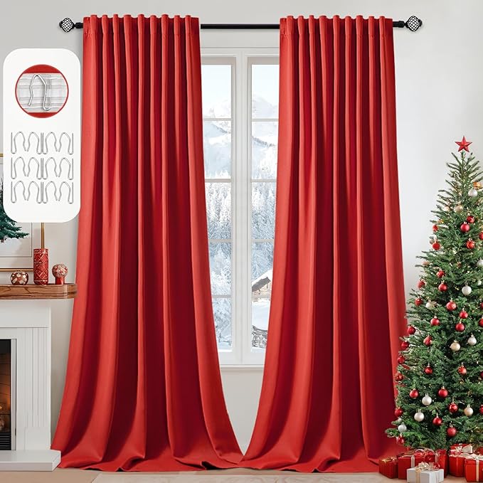 MIULEE Christmas Red Back Tab Blackout Curtains 102 Inch Long 2 Panels Set