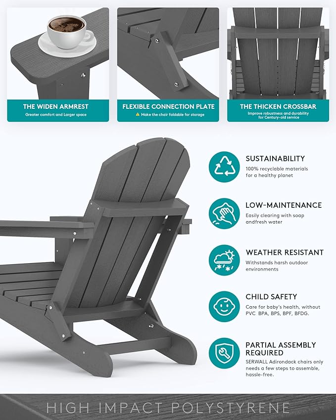 SERWALL Folding Adirondack Chair for Patio Garden Outdoors Fire Pit- (Folding Gray)