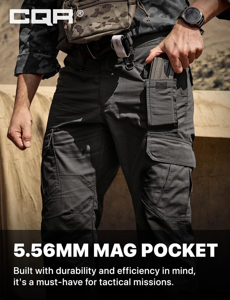 CQR Men's Tactical Pants, Water Resistant Ripstop Cargo Pants, Lightweight EDC Work Hiking, Outdoor Apparel, Duratex Mag Pocket Black, 34W x 30L