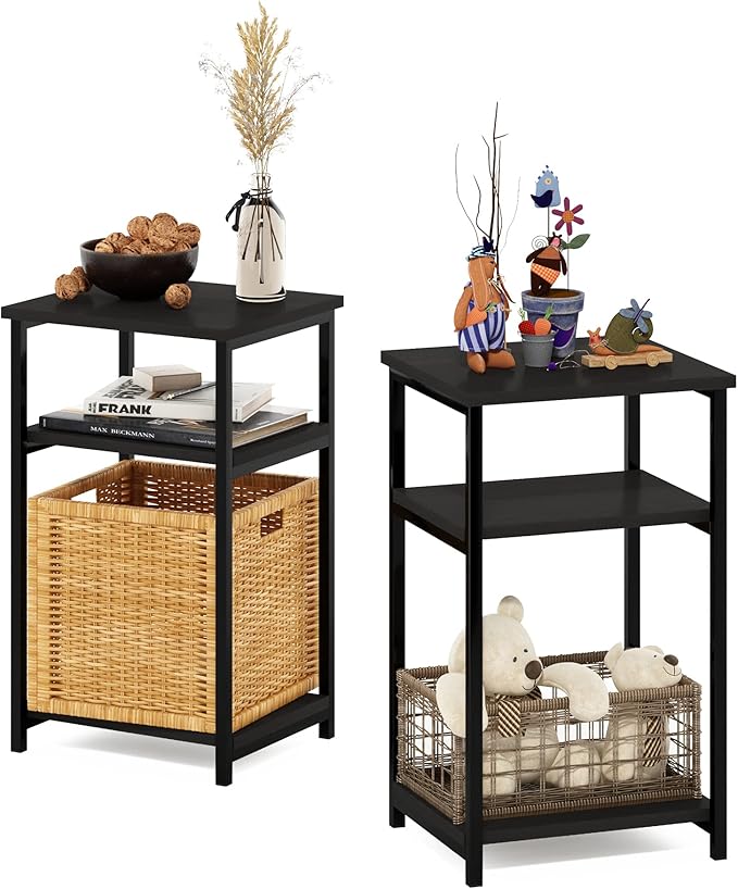 Furinno Just 3-Tier Metal Frame End Table with Storage Shelves, 2-Pack, Espresso