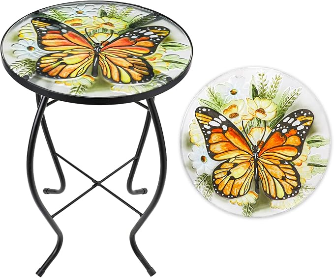 VCUTEKA Patio Side Table Outdoor Accent Table Small Mosaic Table Coffee Table End Table Porch Table Indoor Outdoor Round Glass Balcony Bistro Plant Stands Yellow Butterfly 14 inches