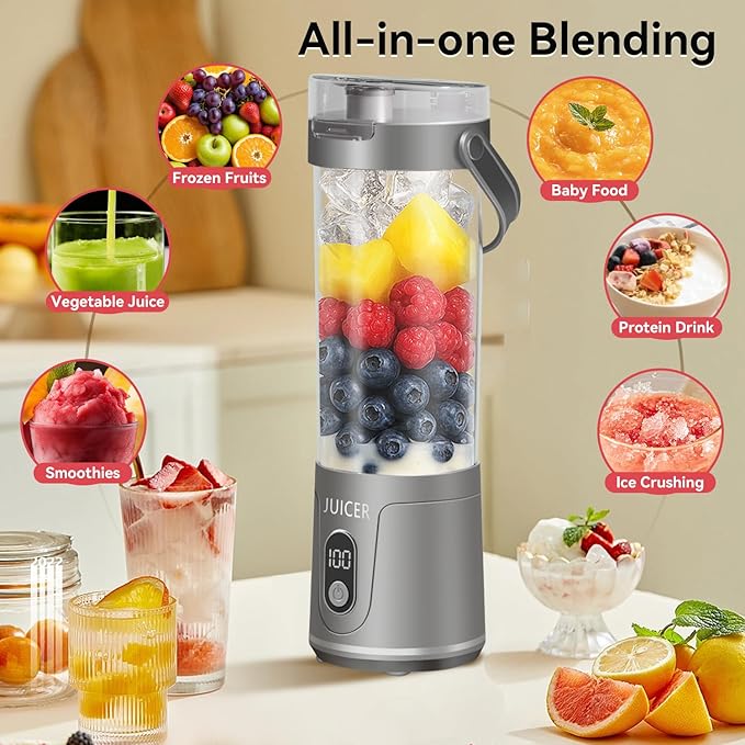 Portable Personal Electric USB Juicer，600ML Mini Blender Portable Blender For Shakes and Smoothies juice，12 Blades Great for Mixing，Compact、Convenient and Versatile (grey)