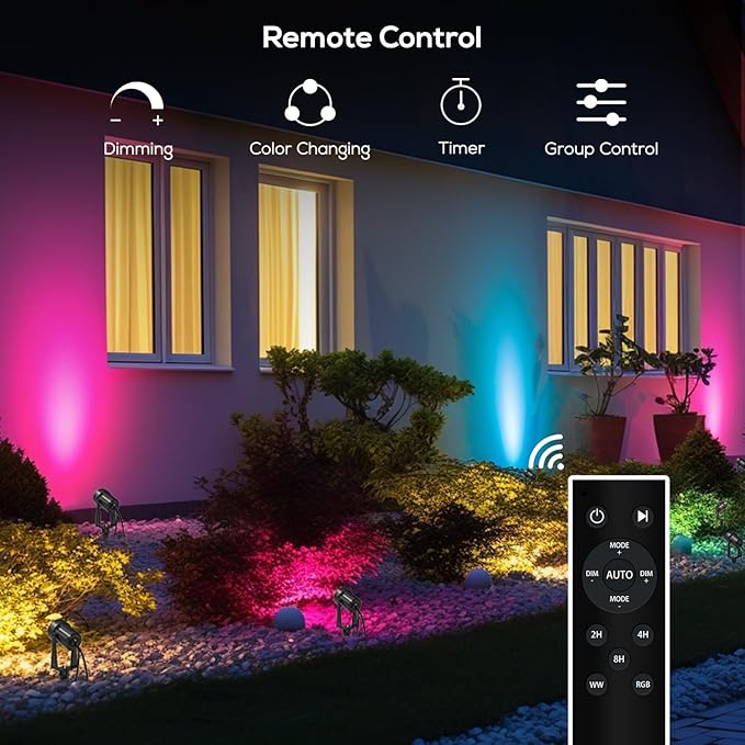 SUNTHIN Outdoor Landscape Lighting with Remote, RGBW Color Changing Spot Uplights,4 Pack