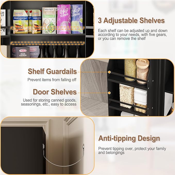 Metal Kitchen Pantry Cabinet, Storage Cabinets with 2 Door and 3 Adjustable Shelves, Black Freestanding Food Storage Cabinet, Steel Cupboard for Kitchen Dinning Room