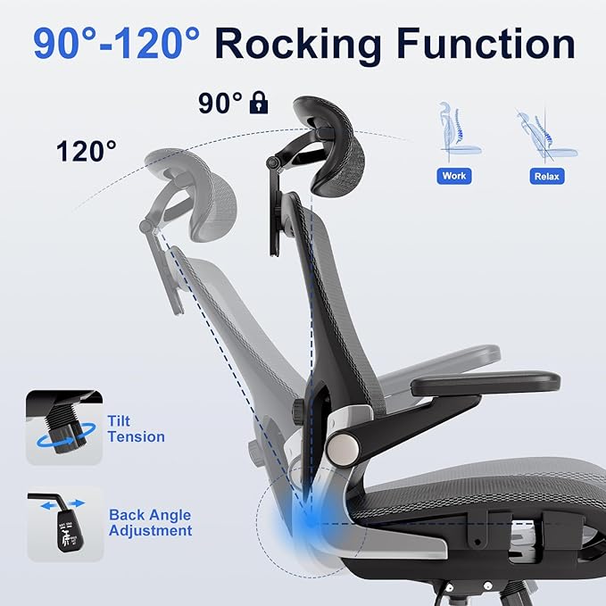 Ergonomic Office Chair, Mesh Seat Cushion with 3D Armrests and 3D Headrest, Adjustable Lumbar Support with 90-120° Rocking Function, Black