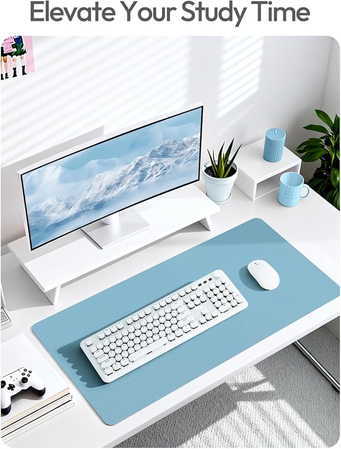 YSAGi Leather Desk Protector, Office Mat, Large Mouse Pad, Non-Slip PU Leather Blotter, Laptop Desk, Waterproof Writing Pad for Office and Home (Sea Blue, 35.4" x 17")