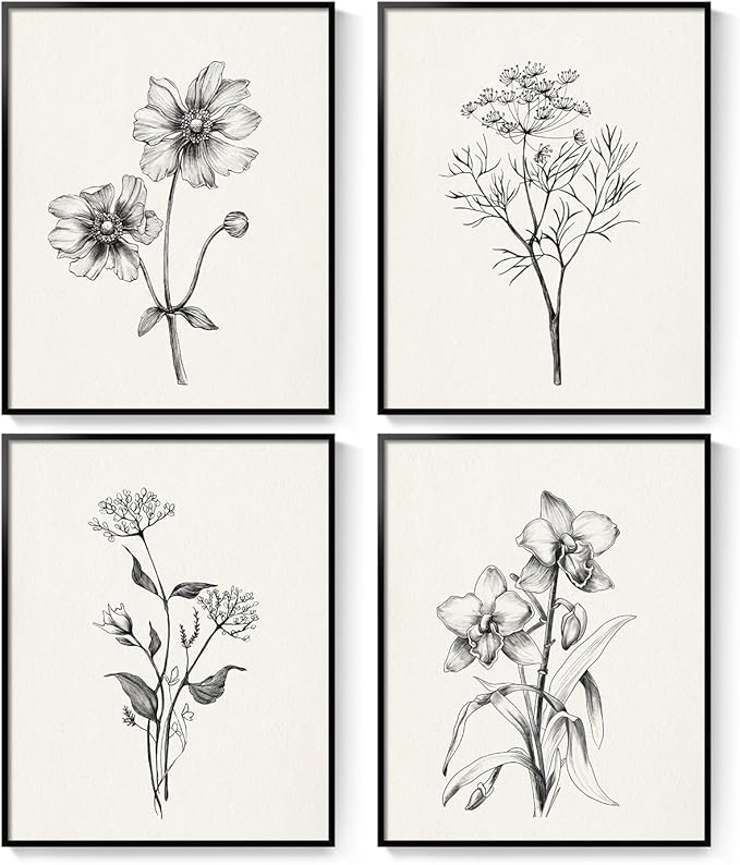 Framed Black and White Bathroom Wall Art, 4 Piece Vintage Floral Canvas Prints