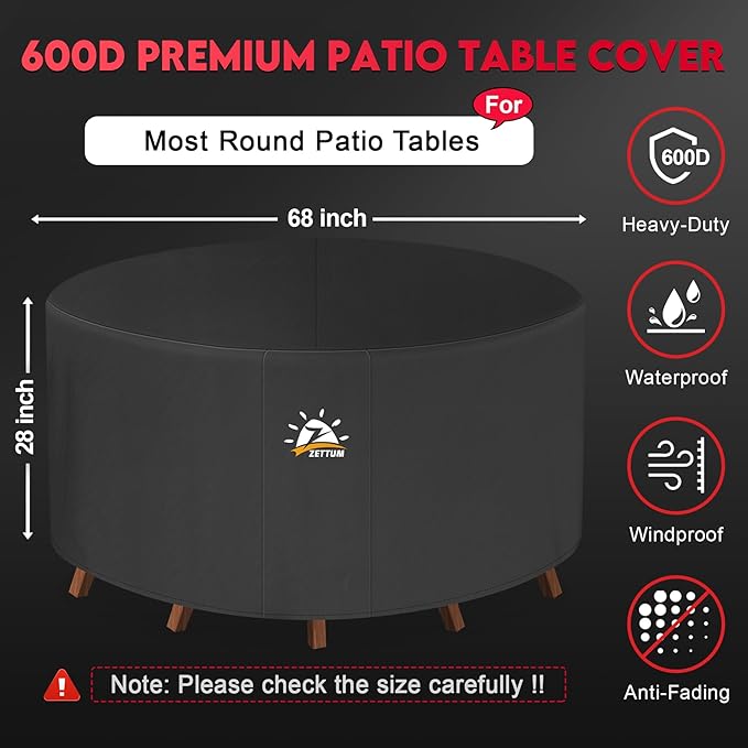 Zettum Round Patio Table Cover 68 Inch - 600D Outdoor Furniture Cover Round Waterproof & Heavy Duty, Lawn Furniture Set Covers for Outside Dining Table and Chairs Seating Combo - 68 x 68 x 28 Inch