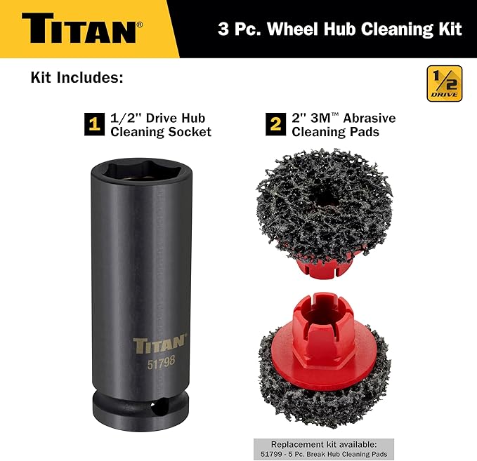 Titan 51798 Wheel Hub Cleaning Kit, Includes 1/2-Inch Drive Impact Socket & Brake Disc Cleaning Pads