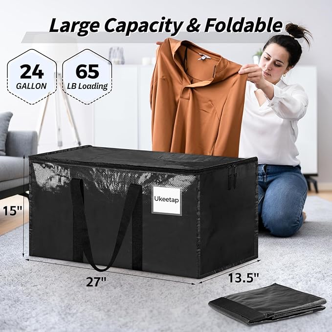 16 Pack Extra Large Heavy Duty Moving Bags, Black Storage Bins with Lids, Reinforced Handles & Heavy-Duty Zippers Moving Boxes Storage Bags Totes for Clothes Packing, Dorms, College Supplies, Black