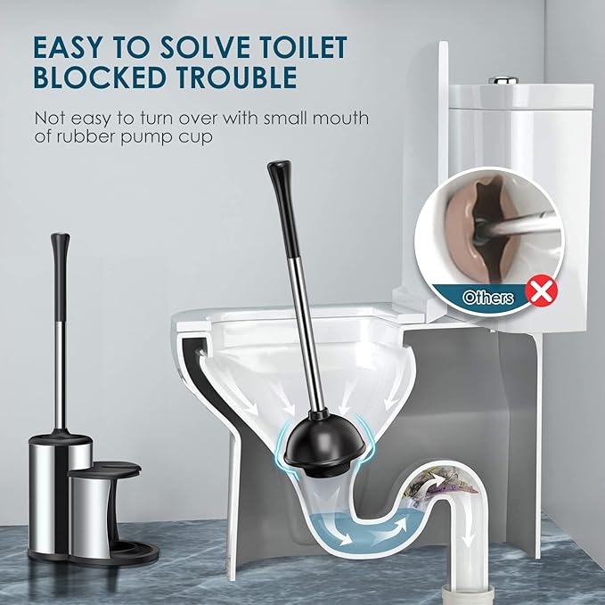 HAMITOR Toilet Plunger Bowl Brush Set: Hideaway Heavy Duty Toilet Plunger Scrubber Cleaner Holder Combo for Bathroom with Covered Caddy Hidden Elongated Discreet Apartment Plunger Brush Accessories