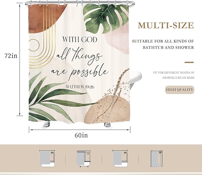 Glawry Boho Bible Verse Shower Curtain 60Wx72L Inches Inspirational Scriptures Quotes Abstract Tropical Green Palm Leaf Mid Century Christian Bathroom Bath Accessories Home Decor Fabric 12 Pack Hooks
