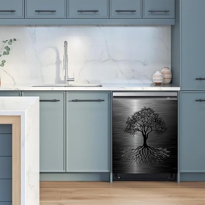 Dishwasher Magnet Cover Black Tree of Life Dishwasher Cover Magnetic Sticker Brushed Stainless Steel Effect Kitchen Appliances Fashion Door Cover Magnet Decor Decal 23" x 26" Magnetic