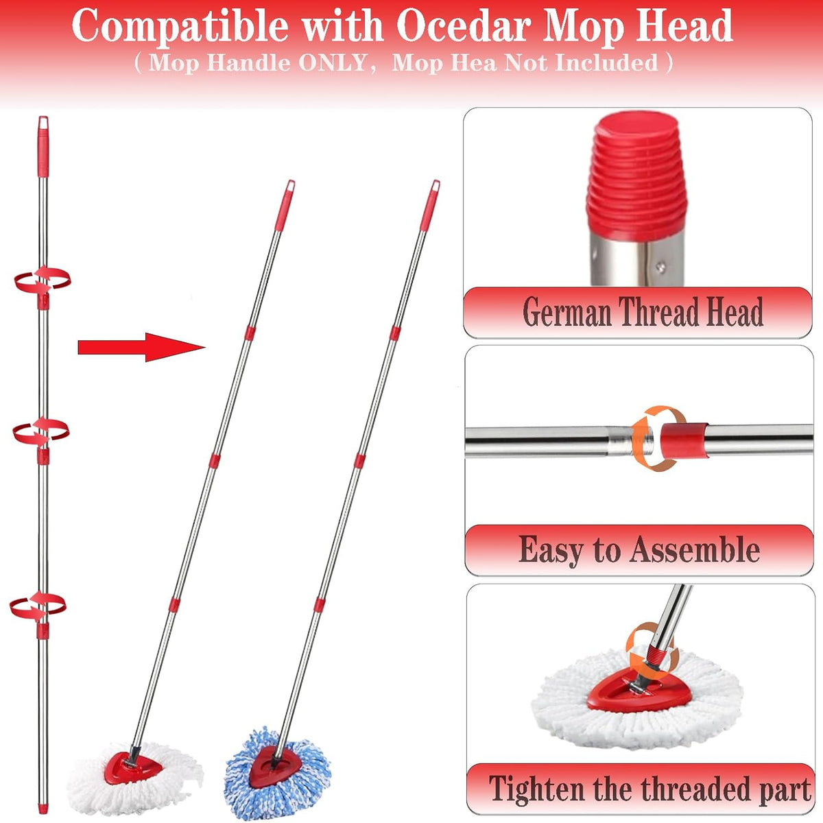 Spin Mop Replacement Handle, 4-Section 30-to-58 inch Mop Replacement Stick Compatible with Ocedar Mop Handle for Easy Wring Mop Refills, Germany Screw Joint (Red 2 Pack)