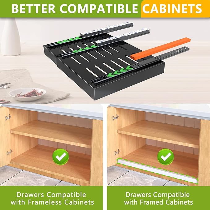 Pull Out Cabinet Organizer 21" Deep Expandable Slide Out Drawer Organizers,No Drill Roll Out Drawers Adhesive with Nano Compatible Framed Cabinets Shelves for Kitchen Pantry Adjustable Width