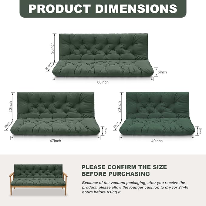 Porch Swing Cushions,Outdoor Cushions 3 Seater Replacement with Backrest, Waterproof Thickened Bench Cushion with Ties for Porch, Patio,Outdoor, Backyard and Garden (Dark Green 60 * 40 in)