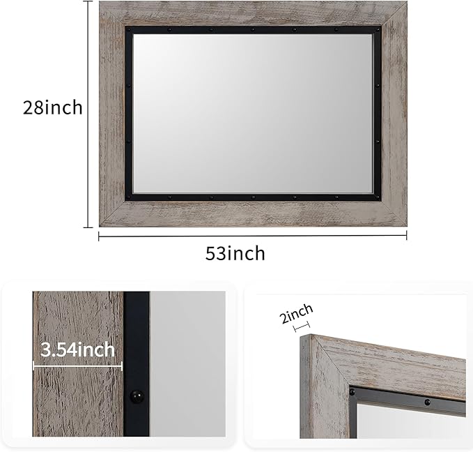 YOSHOOT Rustic Wooden Framed Wall Mirror, Natural Wood and Iron Bathroom Vanity