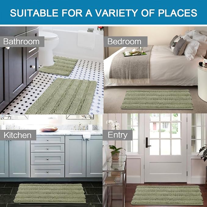 H.VERSAILTEX Bathroom Rug Sets 2 Piece Bath Mats Non Slip Thick Soft Chenille Striped Bath Rug achine Washable Shower Floor Rugs for Tub, Shower and Floor (Eucalyptus Green, 20"x32" Plus 20"x20" U)