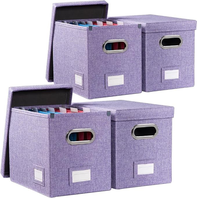 PRANDOM File Organizer Box - Set of 4 Collapsible Decorative Linen Filing Storage Hanging File Folders with Lids Office Cabinet Letter Size Purple (14x9.3x10.8 inch)