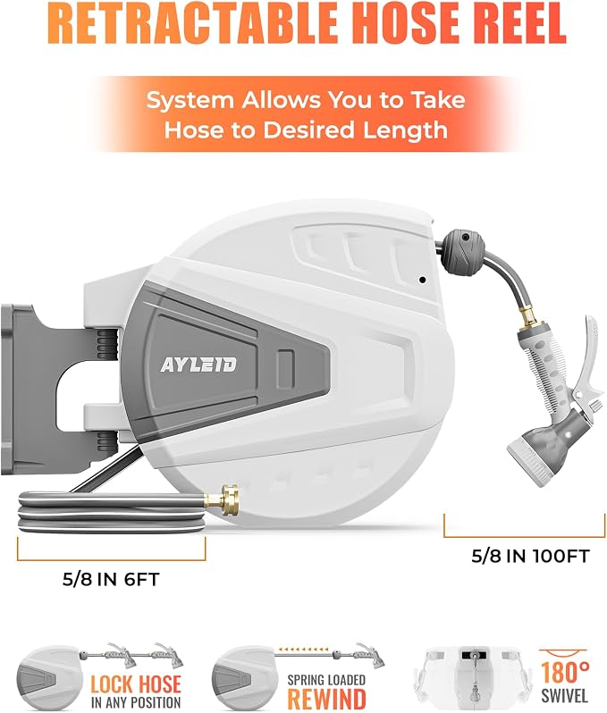 Ayleid Retractable Rubber Hybrid Garden Hose Reel, 5/8"x100ft Wall Mount | Anti-freeze, kink-free premium rubber hybrid hose, 24-month warranty, 9-pattern sprayer, any-length lock, slow auto-return.